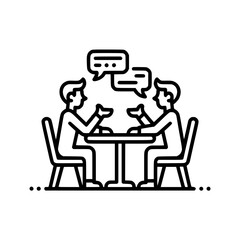 icon of two people at a table, discussing with chat bubbles