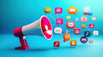 A megaphone surrounded by colorful social media icons representing the power of digital platforms for promotion outreach and engaging with audiences