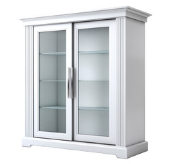 Modern white cabinet with sliding glass doors and metal handles, featuring three glass shelves inside for display or storage