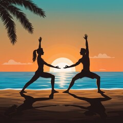 two people doing yoga on the beach at sunset