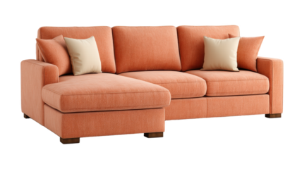 Plush coral sectional sofa with soft upholstery and beige accent pillows creating cozy and inviting seating area