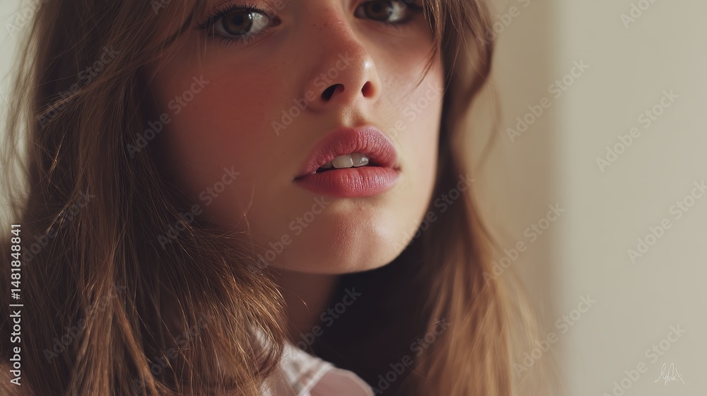 Poster tight frontal portrait focuses on a woman's lower face, emphasizing her soft lips and glowing skin w