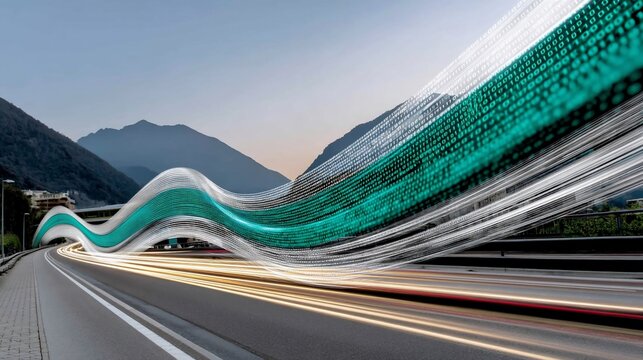 High-speed data transmission over a highway.  Digital code flows across a roadway, representing data transfer.  Mountain scenery in the background