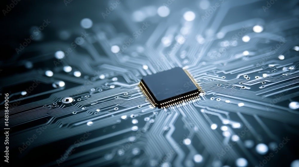 Fototapete tight macro shot showcases a microprocessor surrounded by detailed circuit board pathways lit with c
