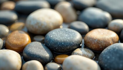 Close-up of soft, textured riverbed stones, smooth pebbles, natural arrangement, close up, landscape, arrangement