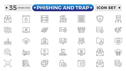 Phishing and Trap outline icon set. Guard, cyber security, password, smart home, safety, data protection, key, shield, lock, unlock, eye access.  Editable stroke outline icon.
