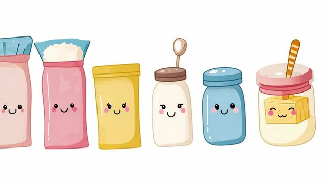 Cute cartoon style jars and containers filled with different food products or ingredients isolated on white background