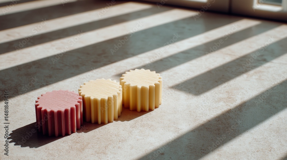 Poster three 3d-printed candles in soft pastel colors are neatly arranged on a neutral tabletop, with natur