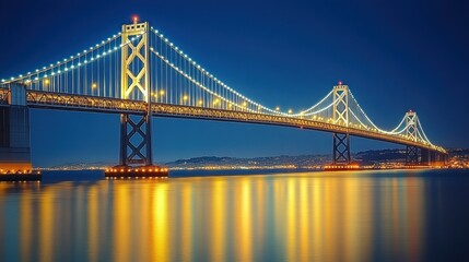 Obraz premium Illuminated suspension bridge spanning body of water at night.