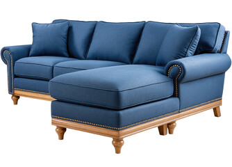 Fototapeta premium Plush navy blue sectional sofa with chaise lounge and wooden legs, perfect for comfortable and stylish living rooms