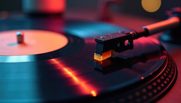 Close-up of vinyl record on turntable, needle dropping onto groove , analog, warm