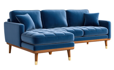 Fototapeta premium Plush navy blue sectional sofa with chaise lounge and wooden legs, perfect for comfortable and stylish living room seating