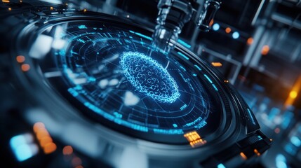 Fototapeta premium Futuristic, high-tech interface with data visualization. A complex system of interconnected components, showcasing advanced technology. The graphic interface displays a central sphere of data points