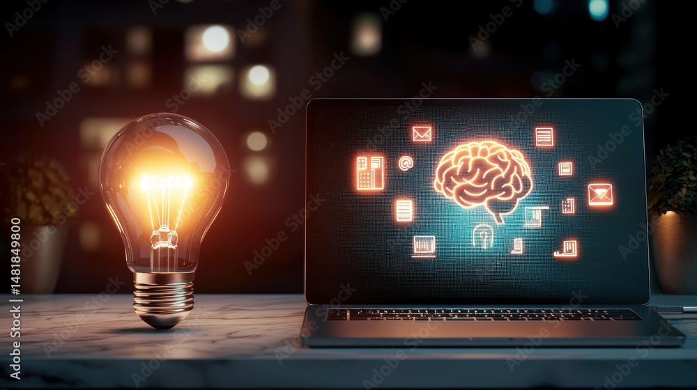 Poster a laptop displays a visual representation of the human brain symbolizing how advanced technology and