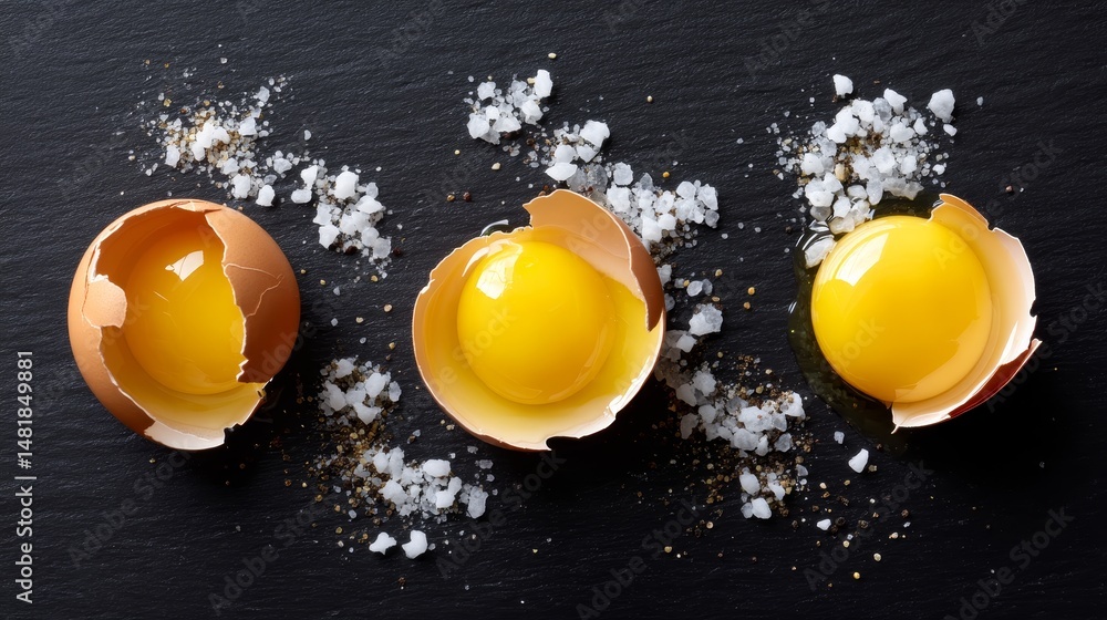 Poster bright orange yolks rest in cracked shells against a dark slate background, sprinkled with sea salt 