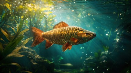 Fototapeta premium Golden fish underwater, vibrant colors, aquatic plants