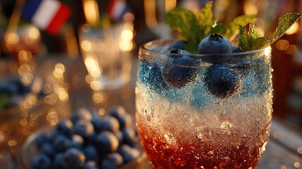 Tricolor cocktail with blueberries and mint in crystal glass, celebrating French National Day with festive elegance.