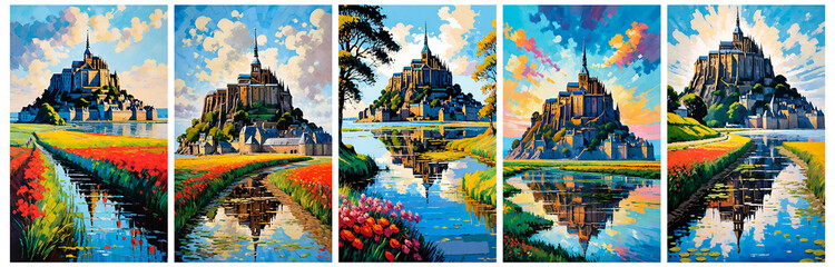 Majestic Island Sanctuary: Medieval Architecture Reflected in Calm Waters. The image shows a grand, medieval-style structure situated on a rocky islet, surrounded by water. The architecture includes n