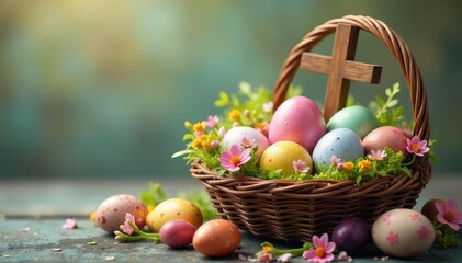 Colorful Easter eggs nestled in a spring basket with blooming flowers and religious cross imagery , easter basket, lilies