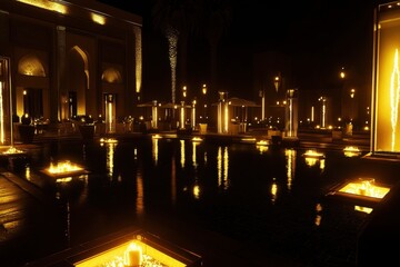 Nighttime courtyard, reflecting pool, warm lighting, tables, and ambiance
