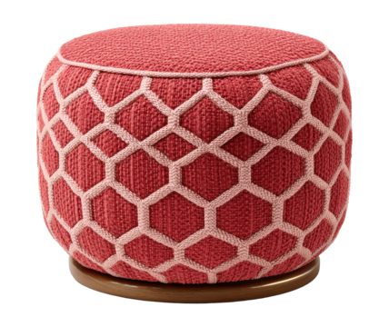 Coral pink plush pouf with geometric hexagon pattern and wooden base, perfect for cozy living spaces