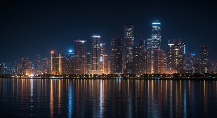 Fototapeta premium Glowing urban vista at night reflected in tranquil water surfacescape