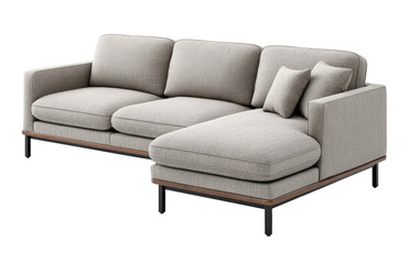 Obraz premium Modern light gray fabric sectional sofa with cushions and metal legs, offering comfortable seating and stylish design