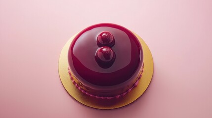 A rich chocolate truffle cake with a glossy ganache coating, elegantly placed on a golden cake board, against a pastel-colored backdrop