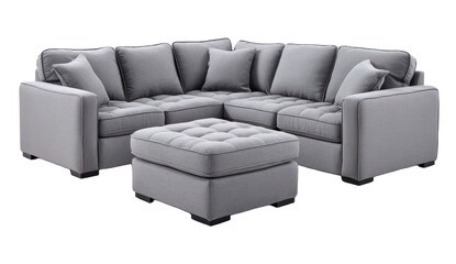 Plush sectional sofa in light gray fabric with matching cushions and tufted ottoman for comfortable seating
