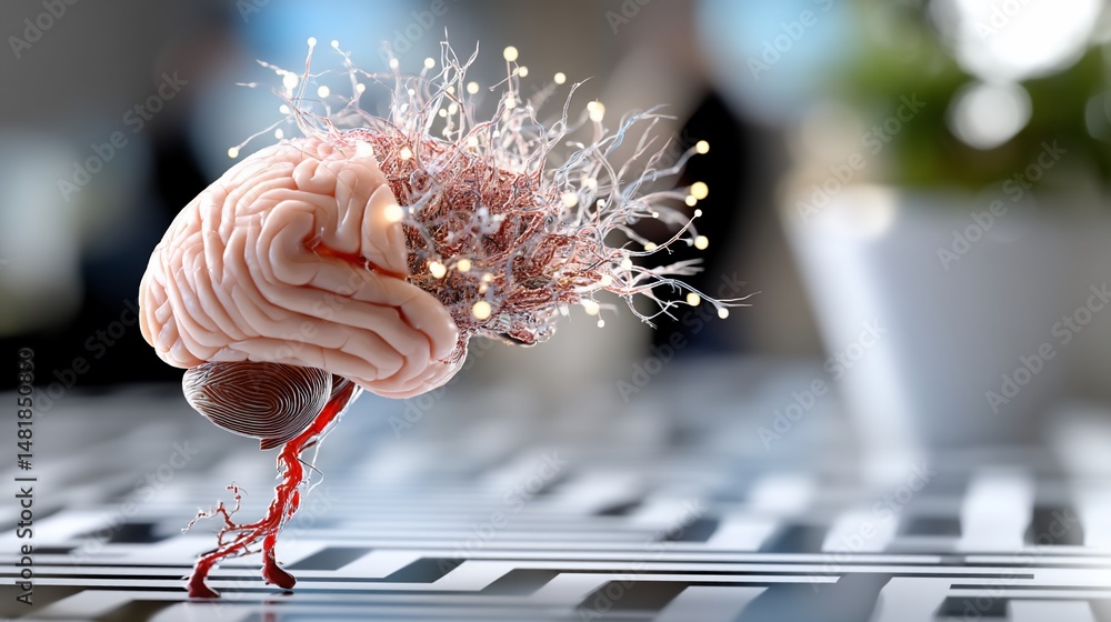 Poster illuminated brain model with glowing neural pathways