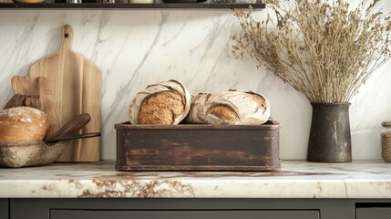 Fresh sourdough loaves in rustic wooden box on marble countertop earthy tones create a cozy kitchen scene ideal for food baking or home decor projects 