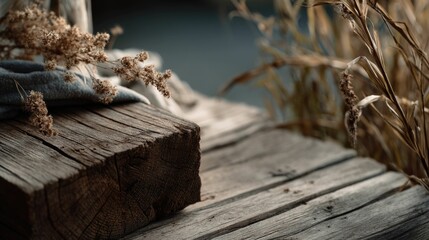 Fototapeta premium Rustic Wooden Still Life: Dried Flowers and Fabric on Weathered Wood
