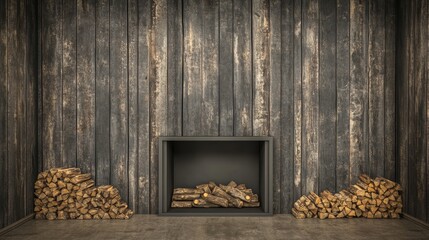 Cozy fireplace with stacked firewood against a rustic wooden background perfect for creating a warm and inviting interior ambiance 