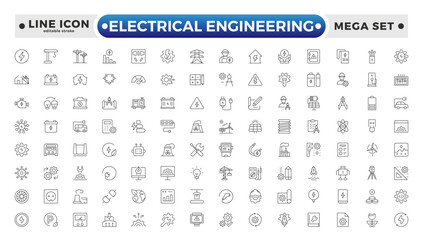 Electrical Engineering outline Icons set. Vector illustration in modern thin line style of technologies related icons: blueprint, engineer, manufacturing, and more. Editable stroke outline icon.
