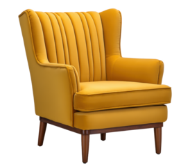 Mustard yellow upholstered armchair with vertical channel tufting and wooden legs, offering cozy and stylish seating option