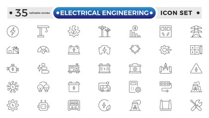 Electrical Engineering outline Icons set. Vector illustration in modern thin line style of technologies related icons: blueprint, engineer, manufacturing, and more. Editable stroke outline icon.
