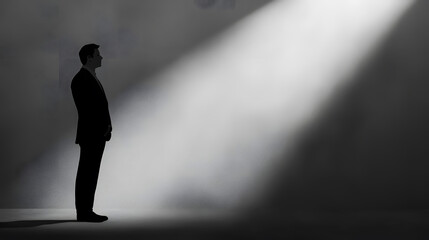 Lone Figure in the Spotlight: A silhouette of an individual stands in a beam of light, conveying a sense of introspection and anticipation.
