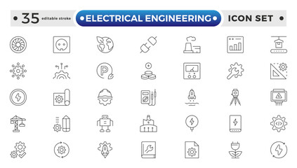 Electrical Engineering outline Icons set. Vector illustration in modern thin line style of technologies related icons: blueprint, engineer, manufacturing, and more. Editable stroke outline icon.
