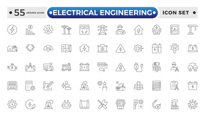Electrical Engineering outline Icons set. Vector illustration in modern thin line style of technologies related icons: blueprint, engineer, manufacturing, and more. Editable stroke outline icon.
