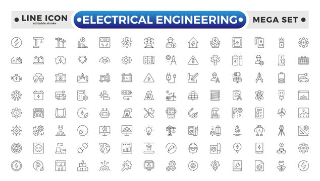 Electrical Engineering outline Icons set. Vector illustration in modern thin line style of technologies related icons: blueprint, engineer, manufacturing, and more. Editable stroke outline icon.
