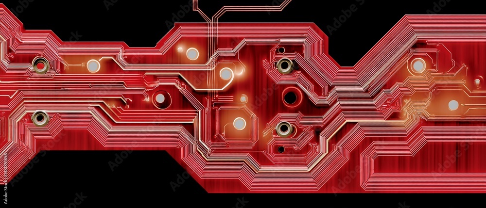 Poster illuminated red circuit board with intricate pathways and glowing components