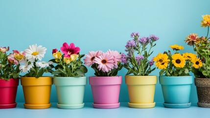 Obraz premium Vibrant flower pots collection: colorful plants in a row against a pastel light blue background spring gardening home decor and cheerful floral arrangement 