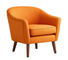 Retro orange fabric armchair with low profile and wooden legs, perfect for cozy living room seating comfort