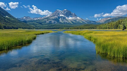 Fototapeta premium Serene mountain lake, grassy shores, clear water