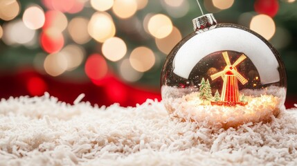 Festive snow globe featuring an illuminated windmill scene with blurred holiday background resting on coconut flakes simulating snow christmas ornament with winter wonderland within 