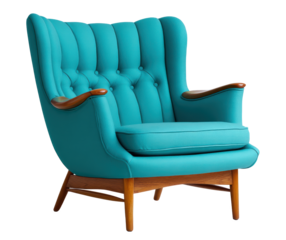 Retro teal armchair with curved wooden base and tufted backrest offers comfortable seating with stylish armrests and cushion