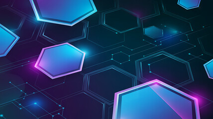 A modern, abstract background featuring glowing blue and Purple hexagonal shapes and geometric elements arranged with a sense of depth and movement against a dark backdrop.