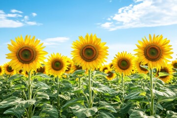 Bright sunflowers blooming vibrantly in a vast field under a clear blue sky