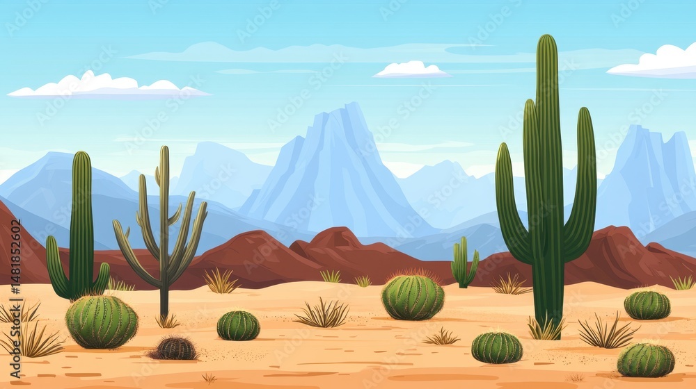 Poster a panoramic desert scene with different types of cacti, small and large, thriving in the harsh clima