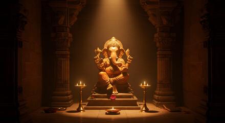 Golden Ganesha Shrine: 3D Render of Hindu Deity